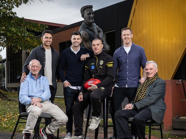 Martin with fellow Richmond 300 game players , Kevin Bartlett, Shane Edwards, Trent Cotchin, Jack Riewoldt and Francis Bourke. Picture: Michael Willson