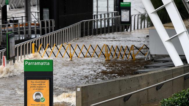 Part of the Parramatta Ferry Wharf at the Charles St weir on Saturday. Picture: Bianca De Marchi