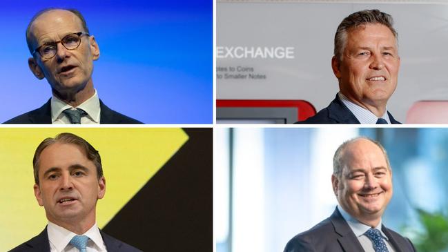 (Clockwise from top left) ANZ CEO Shayne Elliott, Westpac CEO Anthony Miller, NAB CEO Andrew Irvine and CBA CEO Matt Comyn. Art: Joseph Carbone