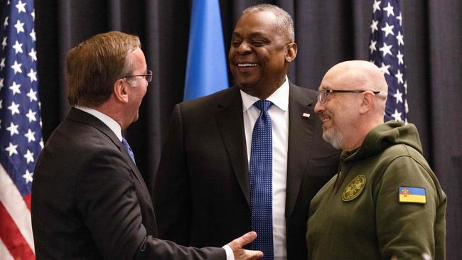 German Defence Minister Boris Pistorius, left, welcomes US Secretary of Defence Lloyd Austin and Ukrainian Minister of Defence Oleksii Reznikov to Ramstein on Friday. Picture: AFP