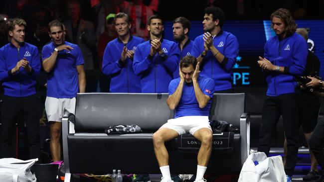 LONDON, ENGLAND - SEPTEMBER 23: Roger Federer of Team Europe shows his emotions following their final match during Day One of the Laver Cup at The O2 Arena on September 23, 2022 in London, England. (Photo by Julian Finney/Getty Images for Laver Cup)