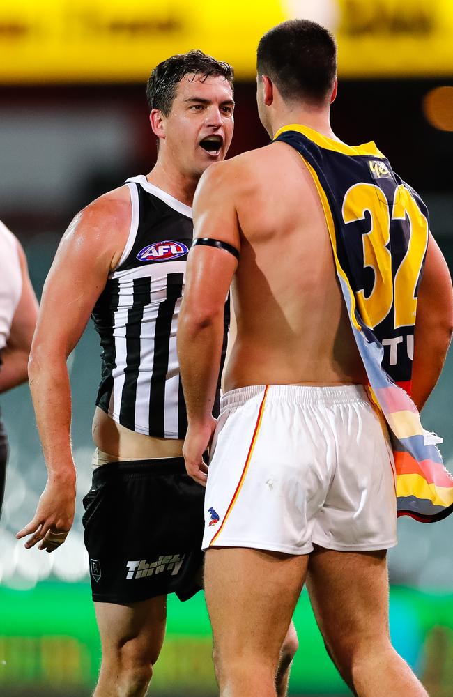 Fogarty and Tom Rockliff square off during the Showdown. Picture: Daniel Kalisz (Getty).