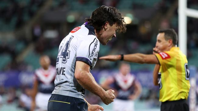 Grant Anderson had a debut to remember, scoring two tries as the Storm survived to down the Roosters. Picture: Getty Images.