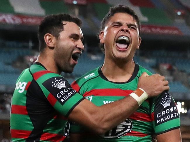 SYDNEY, AUSTRALIA - MARCH 25: Latrell Mitchell of the Rabbitohs celebrates with Alex Johnston of the Rabbitohs after scoring a try during the round three NRL match between the South Sydney Rabbitohs and the Sydney Roosters at Accor Stadium, on March 25, 2022, in Sydney, Australia. (Photo by Matt King/Getty Images)