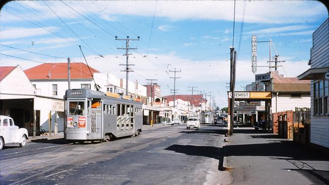 Tram at Chalk St stop looking south 1956 Supplied by Lutwyche City