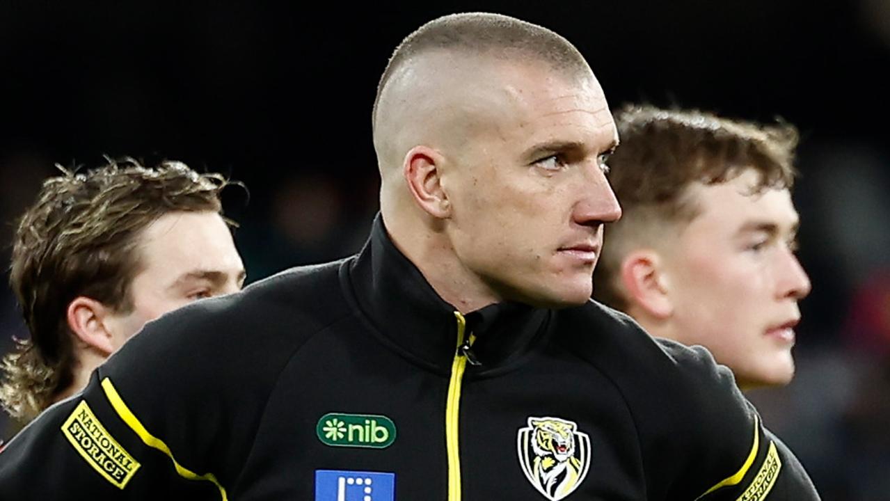 MELBOURNE, AUSTRALIA - JUNE 30: Dustin Martin of the Tigers looks on during the 2024 AFL Round 16 match between the Richmond Tigers and the Carlton Blues at The Melbourne Cricket Ground on June 30, 2024 in Melbourne, Australia. (Photo by Michael Willson/AFL Photos via Getty Images)