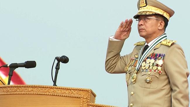 Min Aung Hlaing leads Armed Forces Day in the capital Naypyidaw. Picture: AFP