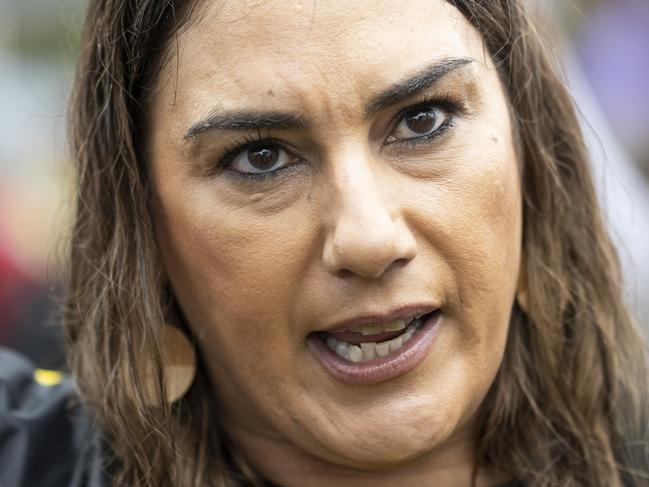 CANBERRA, AUSTRALIA - MARCH 23: Senator Lidia Thorpe attends the anti rally at Anti-transgender activist Kellie Jay-Keen's rally at Parliament house in Canberra. Picture: NCA NewsWire / Martin Ollman