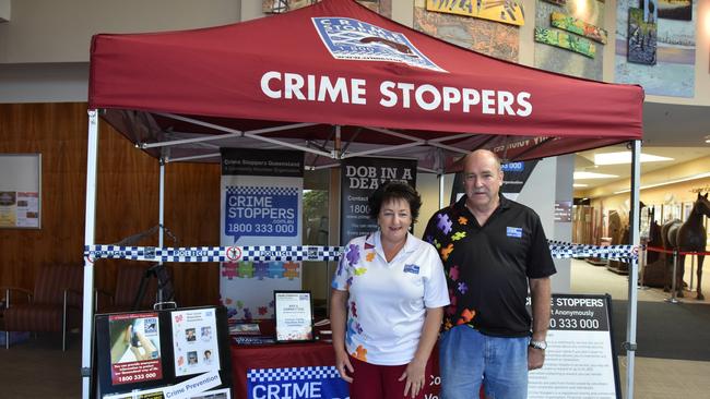 Lockyer Valley Crime Stoppers Area Committee Vice Chairperson Greg Steffens and Chariperson Cr Janice Holstein at the stand the committee set up in preparation for National Crimestoppers Day.