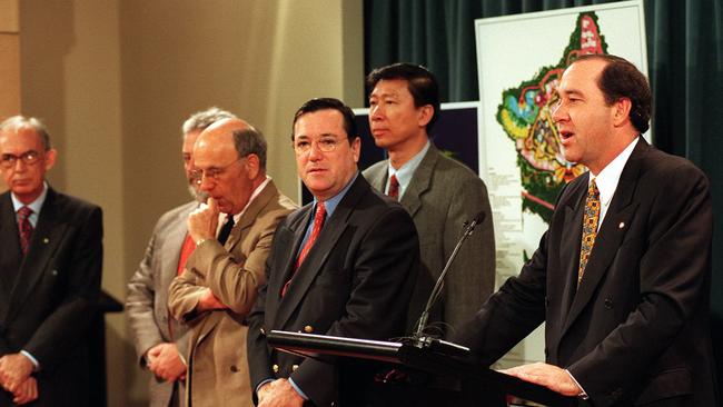 Sir Llew Edwards, head of the Coomera Expo 2002 bid with Premier Rob Borbidge