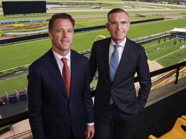 Daily Telegraph. 02, March, 2023.Labor leader Chris Minns and NSW Premier, Dominic Perrottet, at The Daily Telegraph's Future Western Sydney 2023 lunch, at Rosehill Gardens, today.Picture: Justin Lloyd.