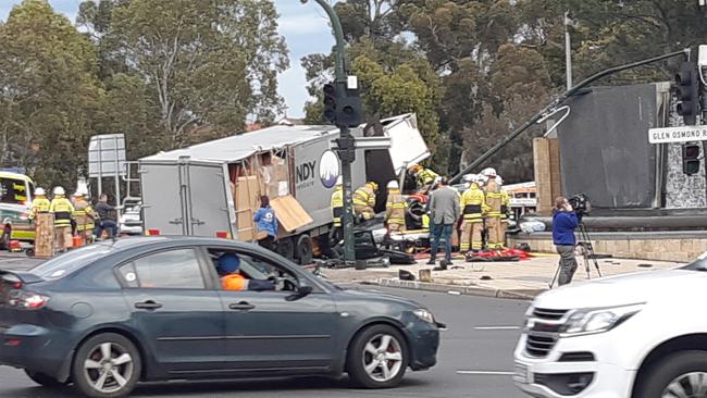 The truck ploughed through the intersection, hitting seven cars and a bus but no one was killed. Picture: Lynton Grace