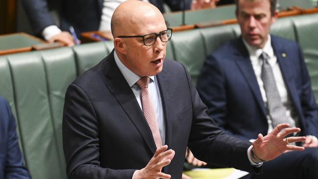 Opposition leader Peter Dutton grills Anthony Albanese over the voice during Question Time at Parliament House in Canberra. Picture: NCA NewsWire / Martin Ollman