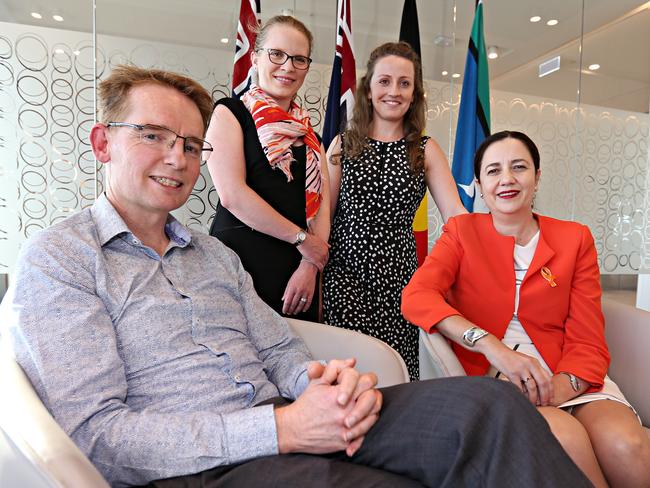 Premier Annastacia Palaszczuk talks to James Scott, Holly Erskine and Hannah Thomas as part of the Anti-Cyberbullying Task Force. Picture: Annette Dew