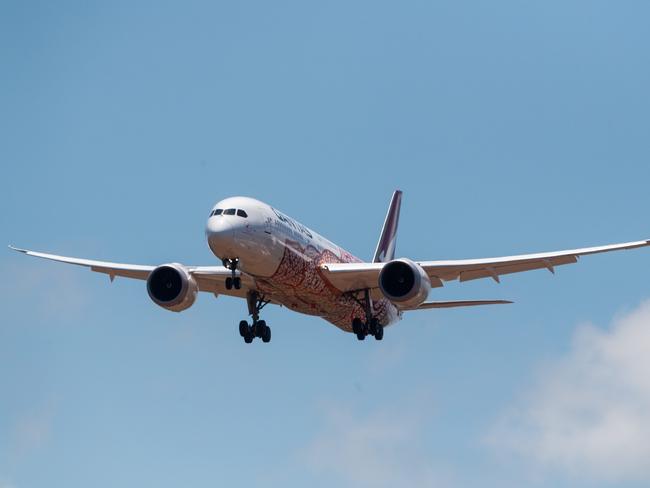 QF110 arrives direct from London with approximately 175 Australians who have been stuck overseas during the coronavirus pandemic. They will arrive at Darwin's RAAF Base and be transported to Howard Springs for two weeks quarantine.Picture: Che Chorley