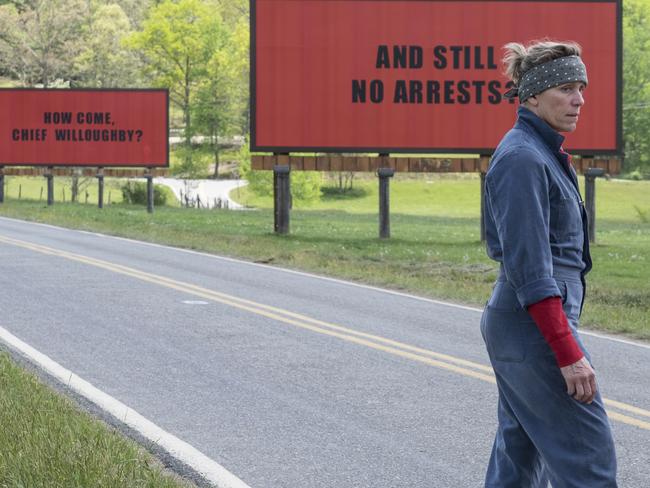 This image released by Fox Searchlight shows Frances McDormand in a scene from "Three Billboards Outside Ebbing, Missouri." The film was nominated for a Golden Globe award for best motion picture drama on Monday, Dec. 11, 2017. The 75th Golden Globe Awards will be held on Sunday, Jan. 7, 2018 on NBC. (Fox Searchlight via AP)