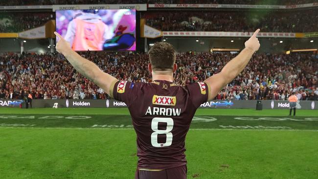 Jai Arrow celebrates as Queensland defeat NSW in State of Origin III last year at Suncorp Stadium. Picture: Peter Wallis