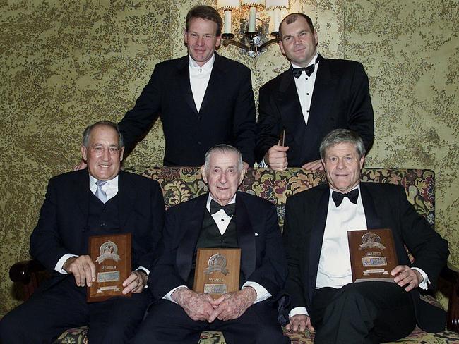 John Cahill, George Doig, David Parkin, Sam Newman and Jason Dunstall after being inducted into the AFL Hall of Fame in 2002.