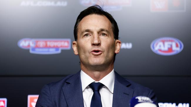 MELBOURNE, AUSTRALIA - MAY 01: Incoming CEO Andrew Dillon speaks with media during the AFL CEO Announcement at Marvel Stadium on May 01, 2023 in Melbourne, Australia. (Photo by Michael Willson/AFL Photos via Getty Images)