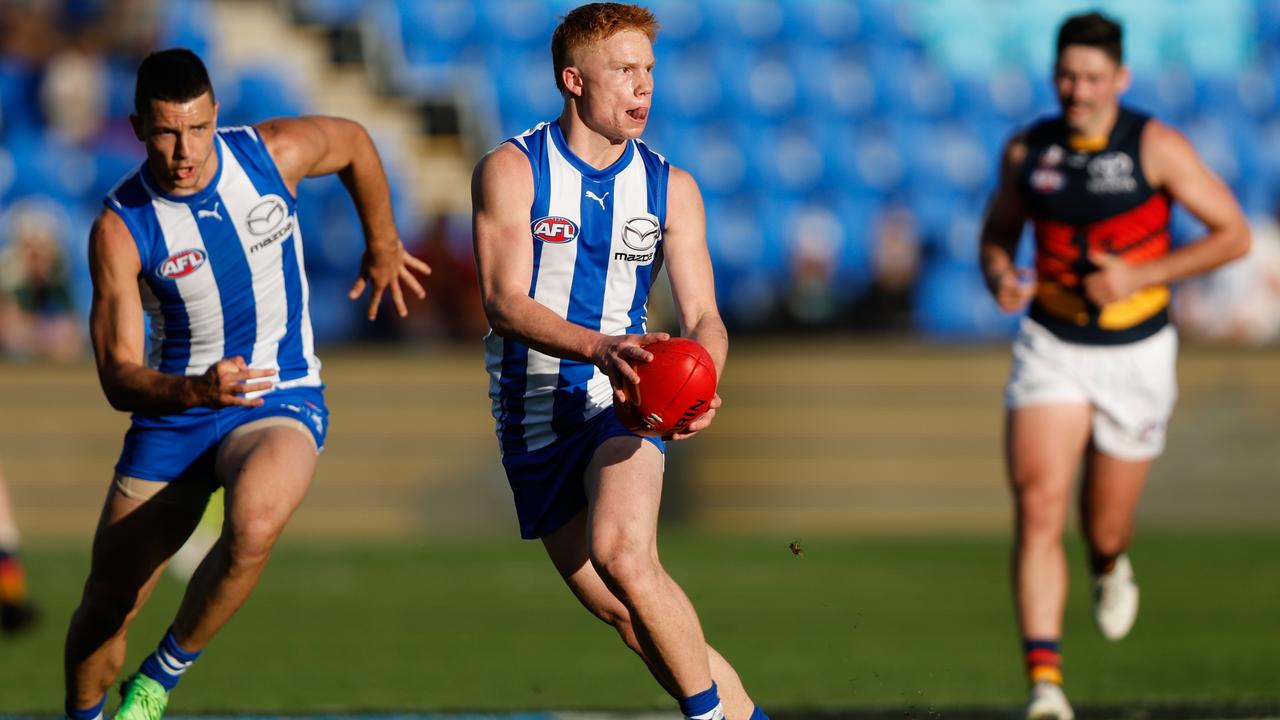 Blake Drury in AFL action for North Melbourne against Adelaide in Hobart. Picture: Dylan Burns/AFL Photos via Getty Images