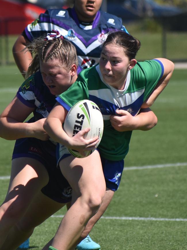 Action from the 2024 Schoolgirls rugby league state grand final between Ipswich SHS and St Mary's Cathedral College. Picture: Eddie Franklin