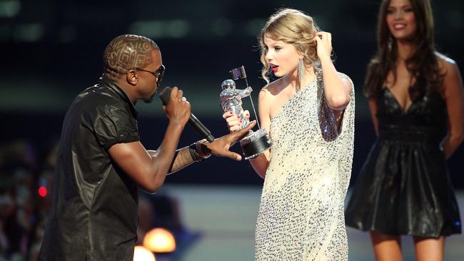 It was an unforgettable moment when Kanye West jumped onstage after Taylor Swift won the ‘Best Female Video’ award during the 2009 MTV Video Music Award. Picture: Getty Images.