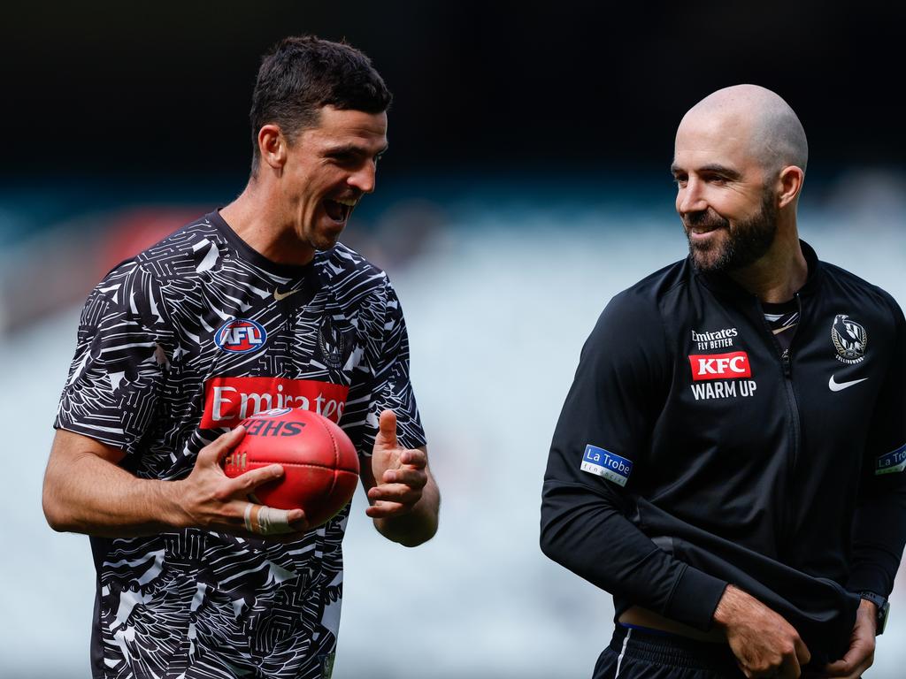 Scott Pendlebury and Steele Sidebottom share a laugh. Picture: Dylan Burns/AFL Photos