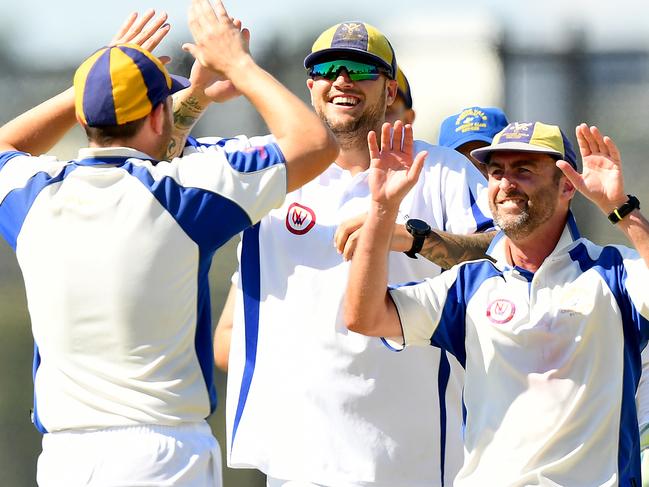 Pascoe Vale Central players celebrate taking a wicket during the North West Metropolitan Cricket Association George Luscombe Shield Grand Final match between Gladstone Park and Pascoe Vale Central at Jack Ginifer Reserve, on March 16, 2024, in Melbourne, Australia. (Photo by Josh Chadwick)