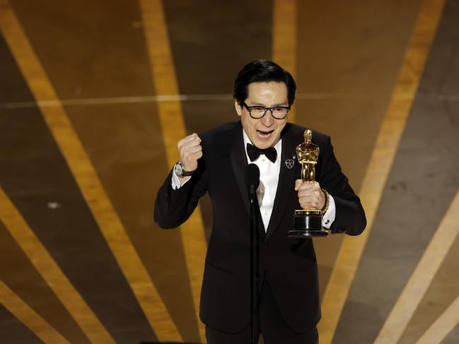 Ke Huy Quan celebrates his emotional Oscars win. Picture: Kevin Winter/Getty Images