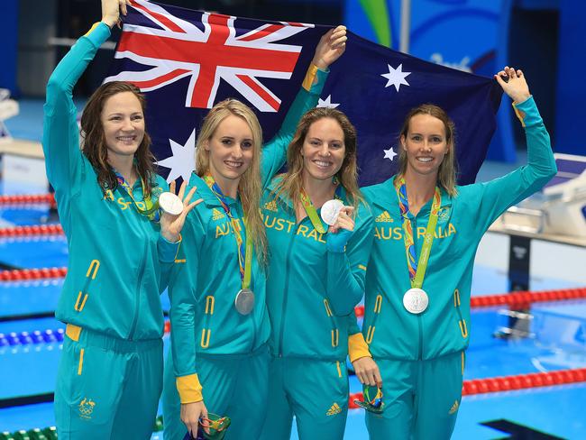 Rio Olympics 2016. The Swimming Finals on Day 08, at the Olympic Aquatic Centre in Rio de Janeiro, Brazil. Emily Seebohm, Taylor McKeown, Emma McKeon, and Cate Campbell win Silver in  the WomenÕs 4x100m Medley Relay. Picture: Alex Coppel.
