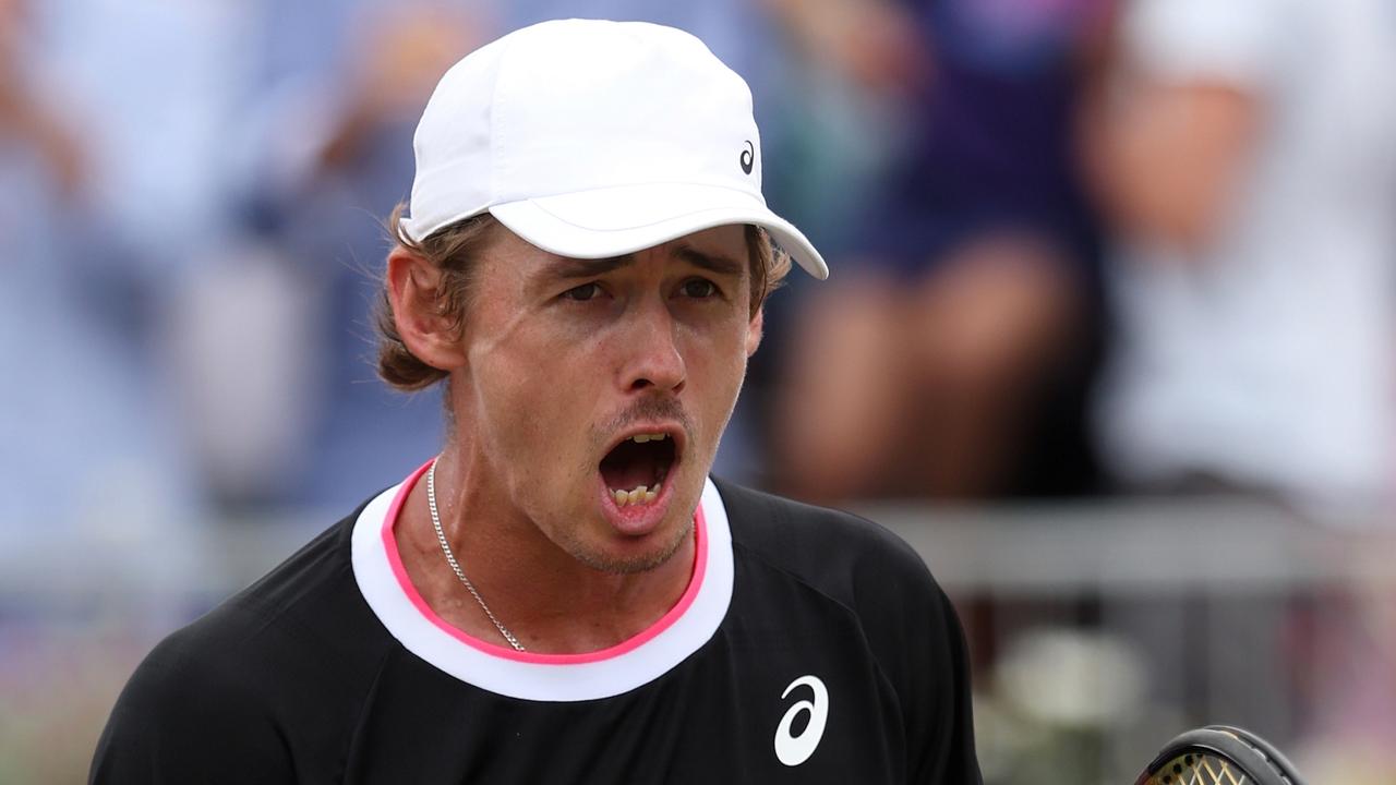 LONDON, ENGLAND - JUNE 24: Alex De Minaur of Australia celebrates winning match point against Holger Rune of Denmark during the Men's Singles Semi-Final match on Day Six of the cinch Championships at The Queen's Club on June 24, 2023 in London, England. (Photo by Julian Finney/Getty Images)