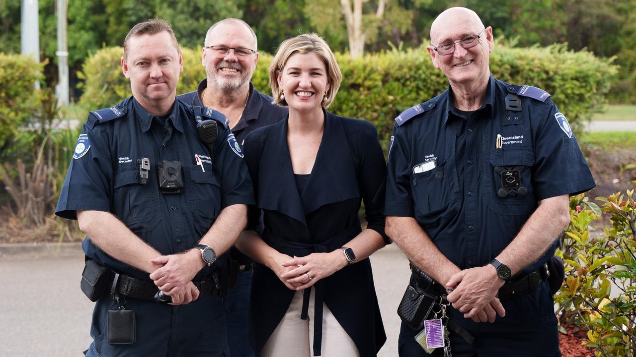 Townsville security officer Shannon Bell, AWU organiser Brad Ufer, Minister for Health Shannon Fentiman, and security officer Ray Carstens. Picture: Supplied.