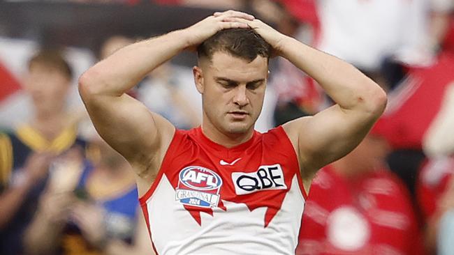 Sydney's Tom Papley dejected after the final siren during the 2024 AFL Grand Final between the Sydney Swans and Brisbane Lions at the MCG on September 28, 2024. Photo by Phil Hillyard(Image Supplied for Editorial Use only - **NO ON SALES** - Â©Phil Hillyard )