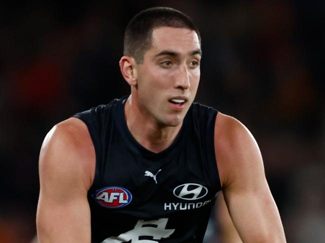 MELBOURNE, AUSTRALIA - APRIL 20: Jacob Weitering of the Blues in action during the 2024 AFL Round 06 match between the Carlton Blues and the GWS GIANTS at Marvel Stadium on April 20, 2024 in Melbourne, Australia. (Photo by Michael Willson/AFL Photos via Getty Images)