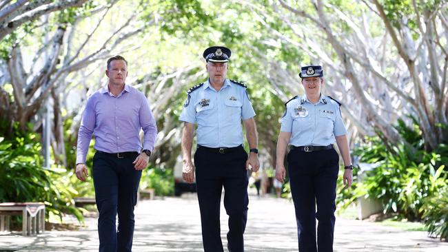 Senior Executive Director from the Department of Children, Youth Justice and Multicultural Affairs Michael Drane, Acting Chief Superintendent Chris Hodgman and Youth Justice Taskforce Assistant Commissioner Cheryl Scanlon on the Cairns Esplanade. Picture: Brendan Radke