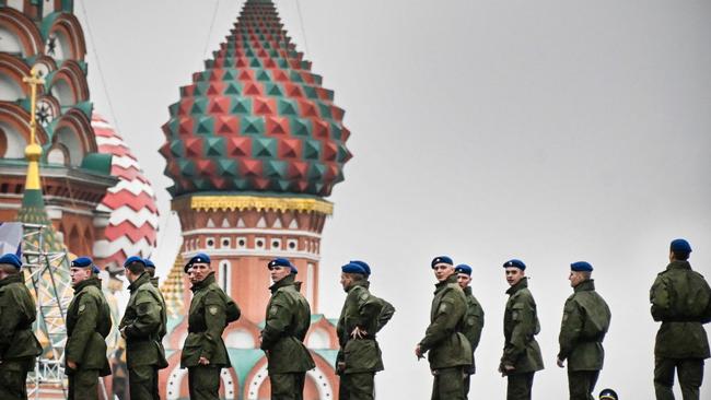 Russian soldiers stand on Red Square in central Moscow. Picture: AFP.