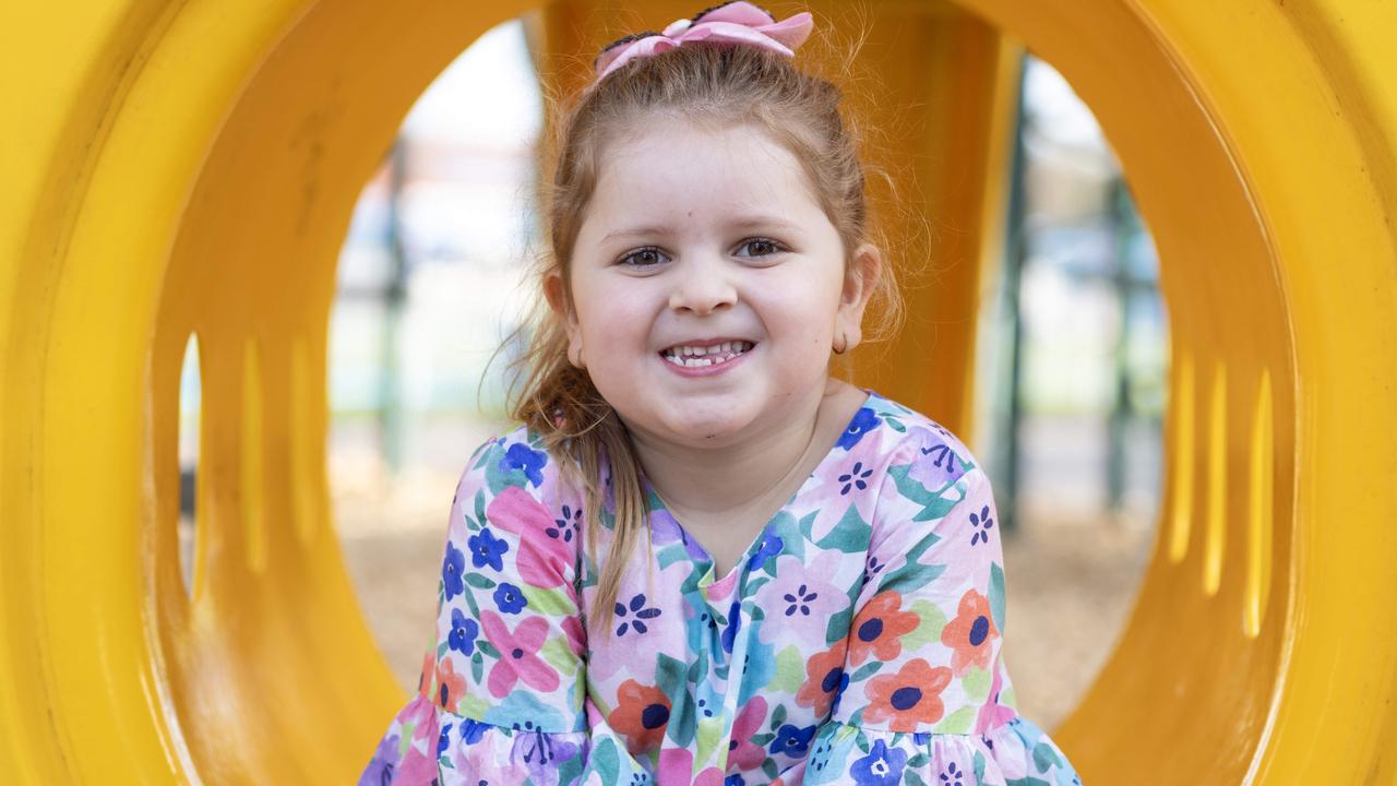 Four-year-old Samara woke up suddenly one day when she was two and couldn't walk and now lives with a neurological condition. Picture: Kelly Barnes