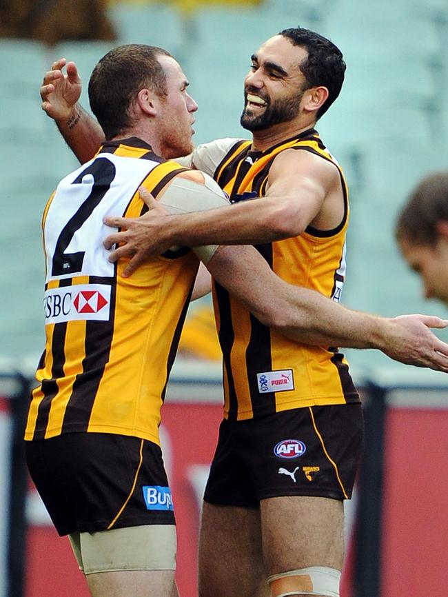 Jarryd Roughead and Shaun Burgoyne combine.