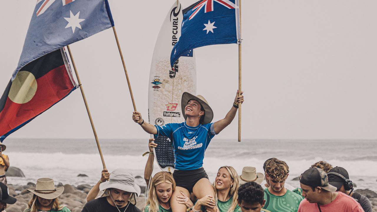 Australian surfer Ziggy Mackenzie celebrating after taking out the under-16 girls gold medal at the 2024 ISA World Junior Surfing Championships at Surf City, El Salvador. Picture: ISA/Pablo Franco
