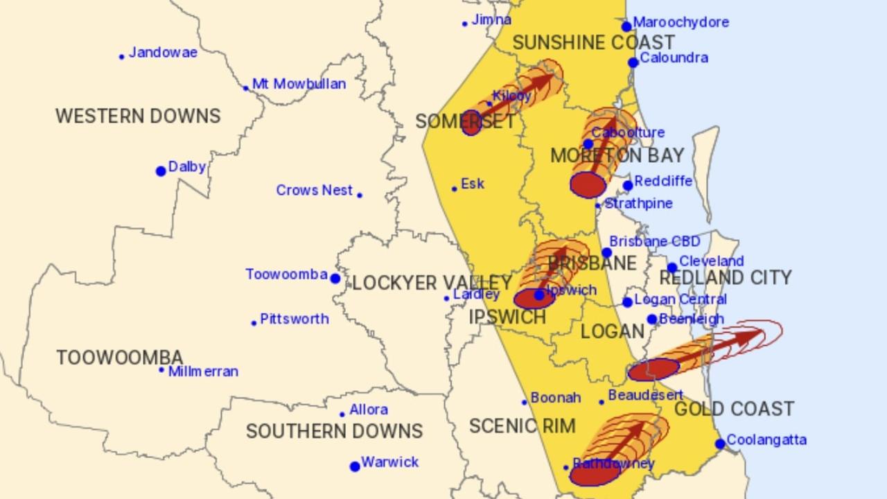 The bureau issued severe storm warnings for part of southeast Queensland on Saturday afternoon. Picture: Bureau of Meteorology