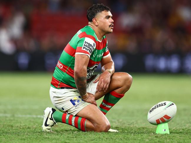 Latrell Mitchell scored his 100th NRL try against the Broncos after an emotional week. Picture: Chris Hyde/Getty Images