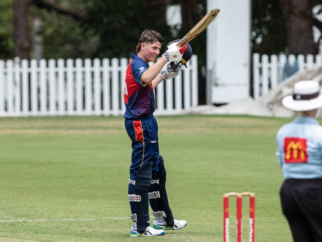 Will Adlam celebrates scoring a century in last season’s Green Shield. Pic by Julian Andrews