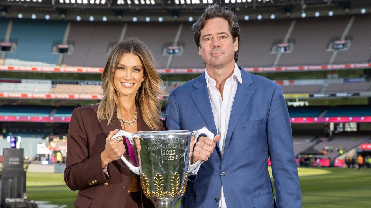 Gillon McLachlan announces Delta Goodrem and Robbie Williams as the 2022 Grand Final entertainment. Picture: Jason Edwards