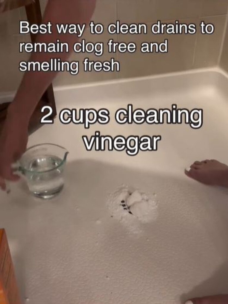 Pour them both into the sink, then rinse with hot water after letting it sit for up to 15 minutes. Picture: never.done.diy, TikTok