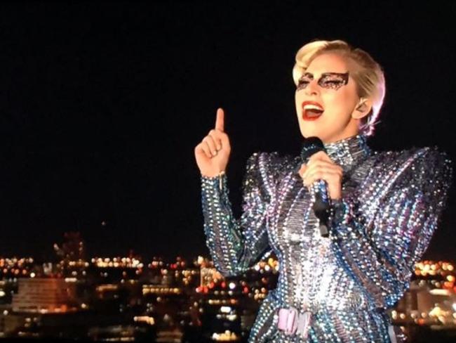 Gaga on the roof of the Texas stadium.