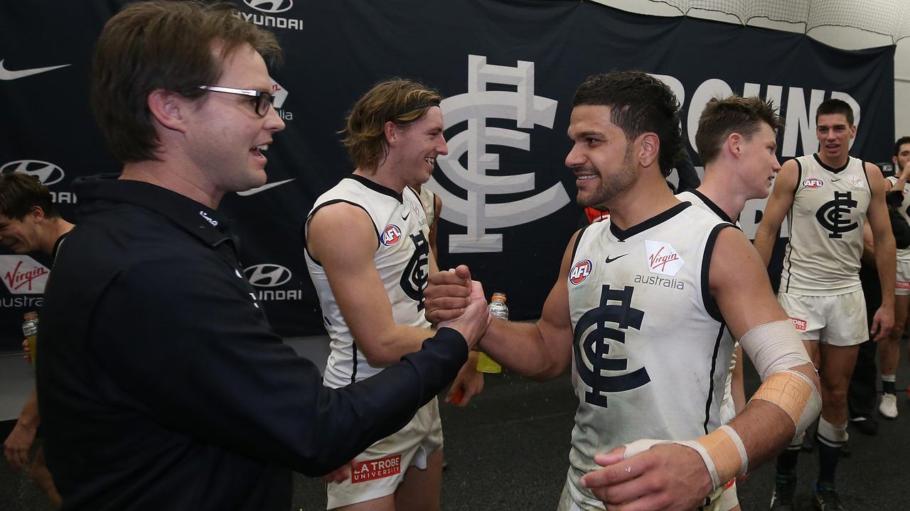 Carlton’s Sam Petrevski-Seton with coach David Teague last year. (Photo by Paul Kane/Getty Images)