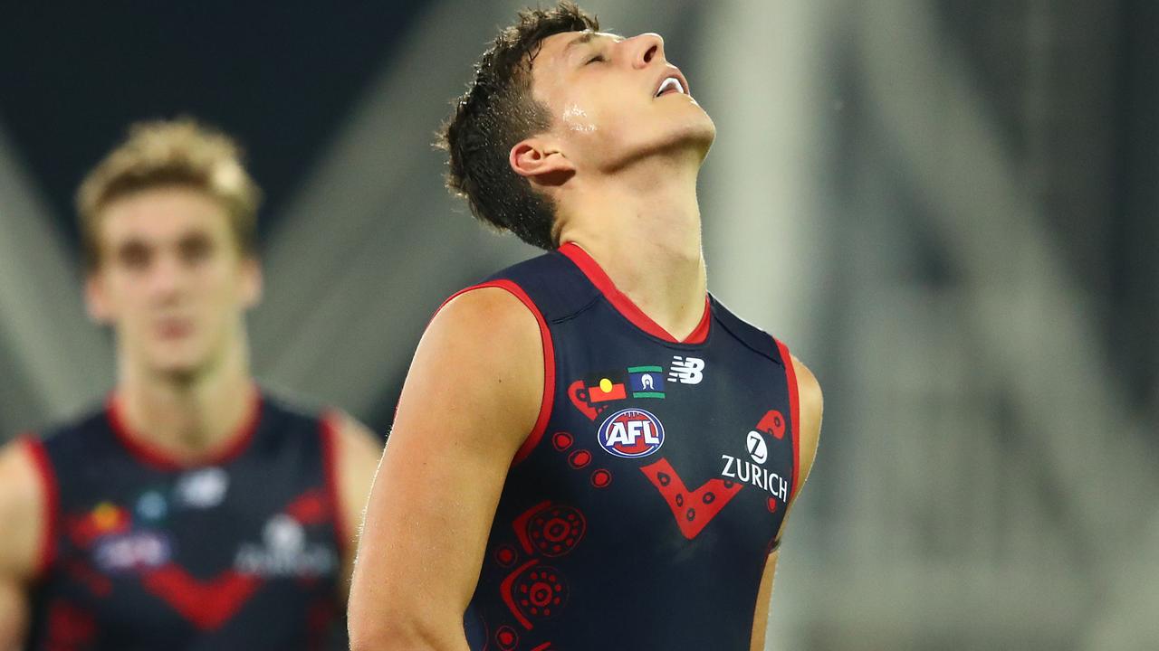 Sam Weideman reacts after missing a crucial set shot for goal against Adelaide. Picture: Getty Images