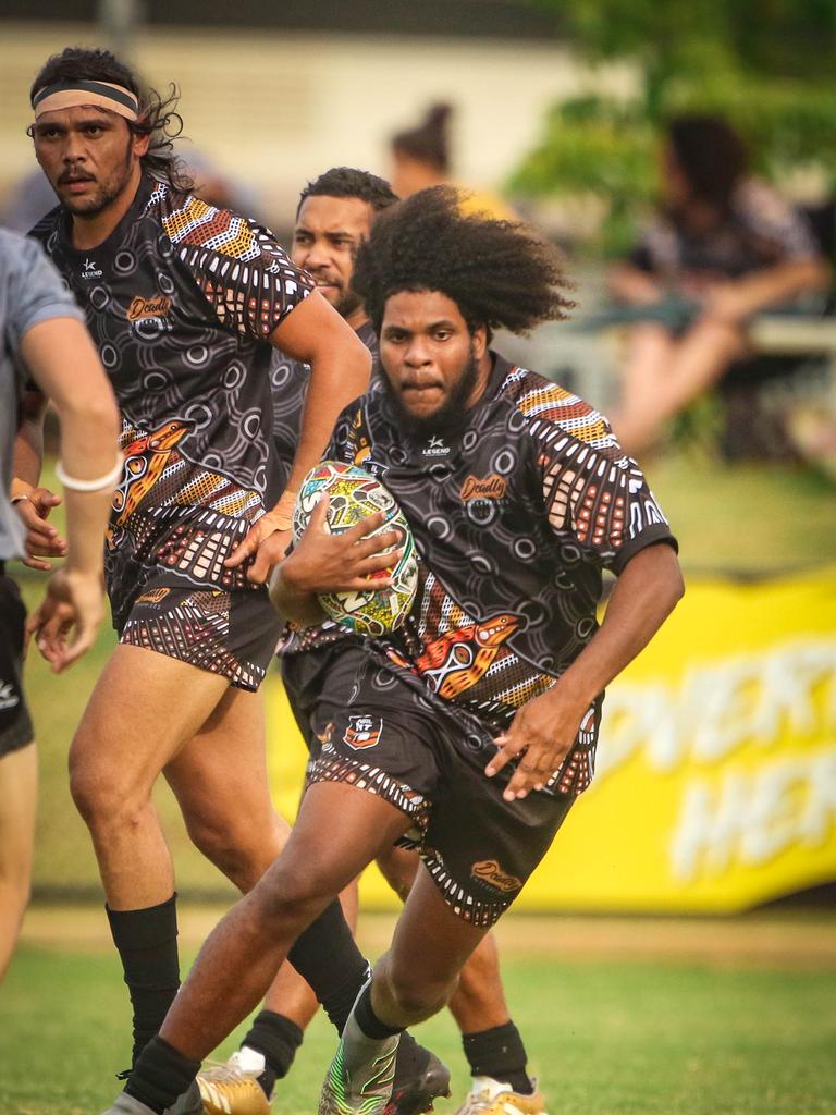 Caleb Niki as the Indigenous All Stars take on the Territory All Stars in the senior men’s rugby league Deadly Cup matchup. Picture: Glenn Campbell