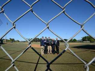 Manager of International Baseball Operations Gio Hernandez, Lismore City Council's general manager Gary Murphy, director of International Baseball Operations Chris Haydock, Lismore MP Thomas George, and chief operating officer of Baseball Australia Justin Drew. Picture: Cathy Adams