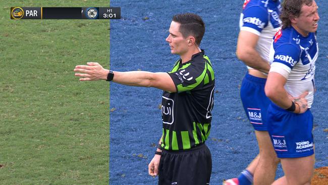 Referee Wyatt Raymond penalises the Bulldogs for "referee impersonation".